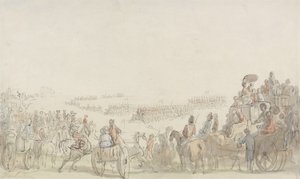 ウィンブルドンコモンの軽馬ボランティアのレビュー、1798年（紙に黒鉛の上にペンとインク、トイレットペーパー付き） 作： Thomas Rowlandson